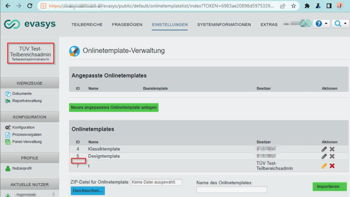 Accessing “Onlinetemplate-Verwaltung” with the role “Teilbereichsadmin” 